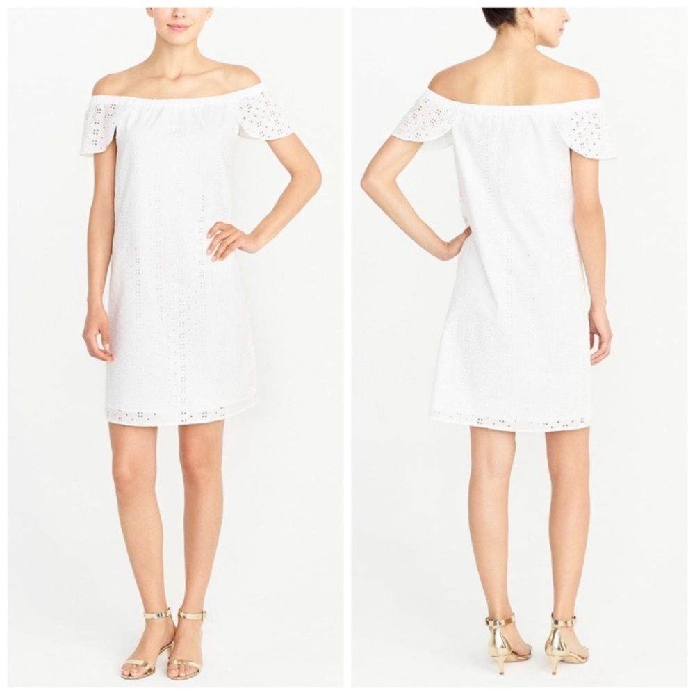 NEW J. Crew White Eyelet Off the Shoulder Dress Small S J0976 Chic Preppy NWT